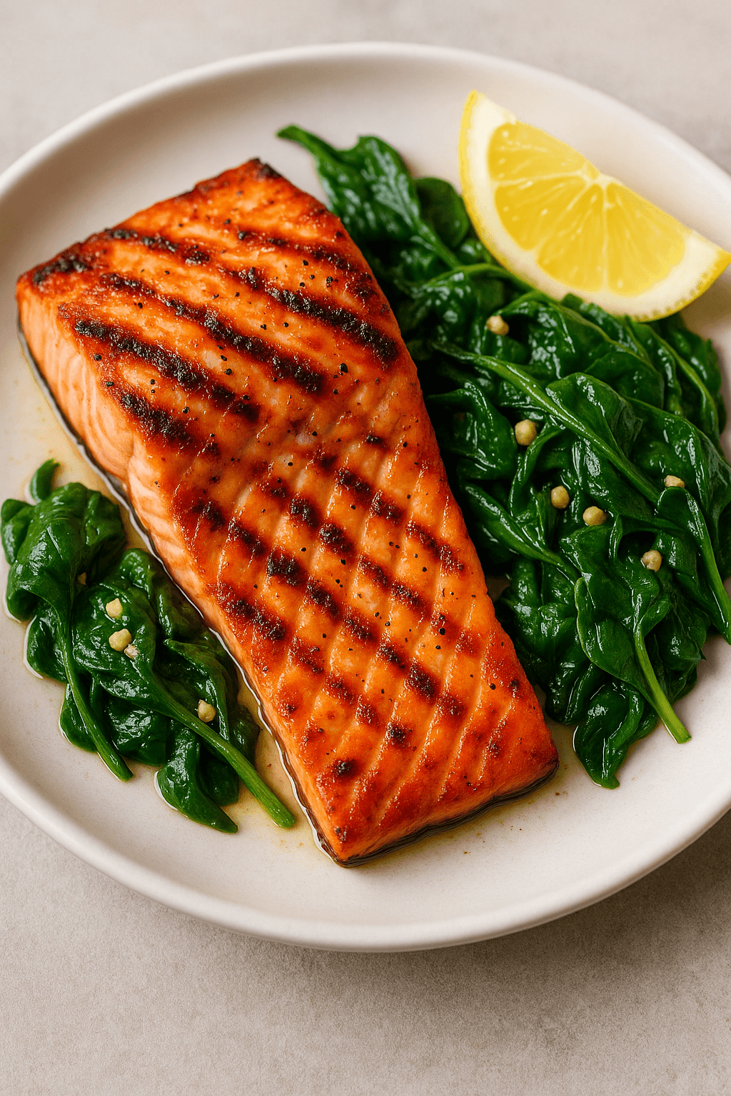 Grilled Salmon with Garlic Spinach